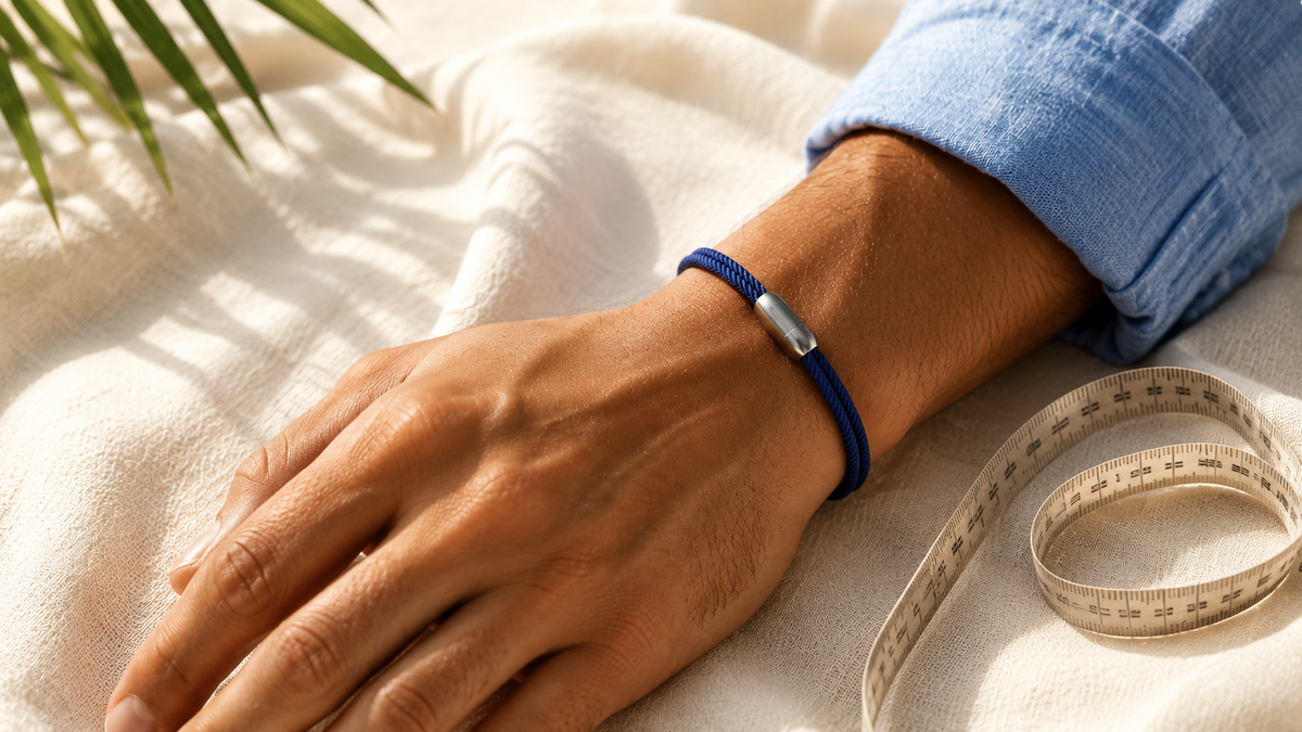 Blue woven rope bracelet worn beside a measuring tape