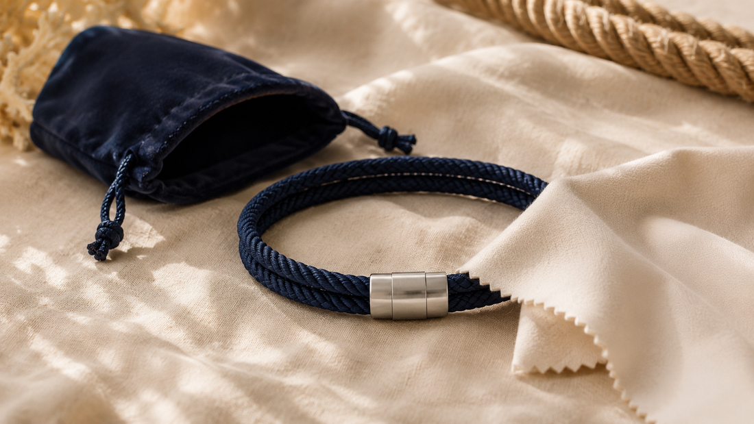 Navy rope bracelet with a silver magnetic clasp, soft care cloth, and jewelry pouch.