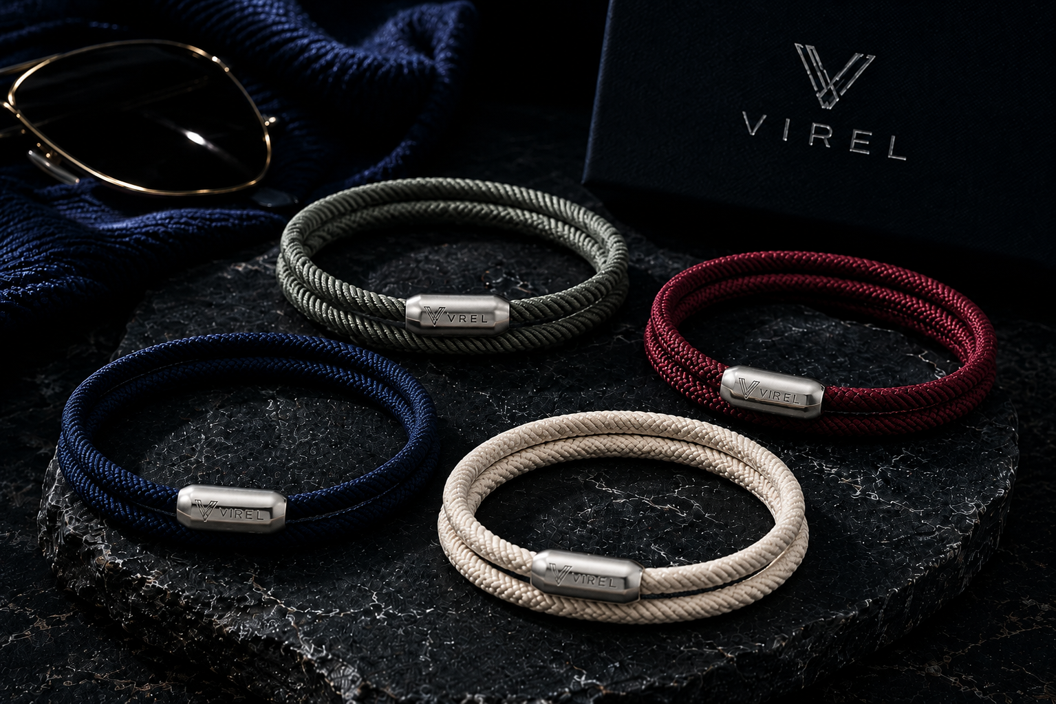 VIREL Voyager Collection double-wrap rope bracelets in navy, olive, burgundy and sand with brushed steel magnetic clasps