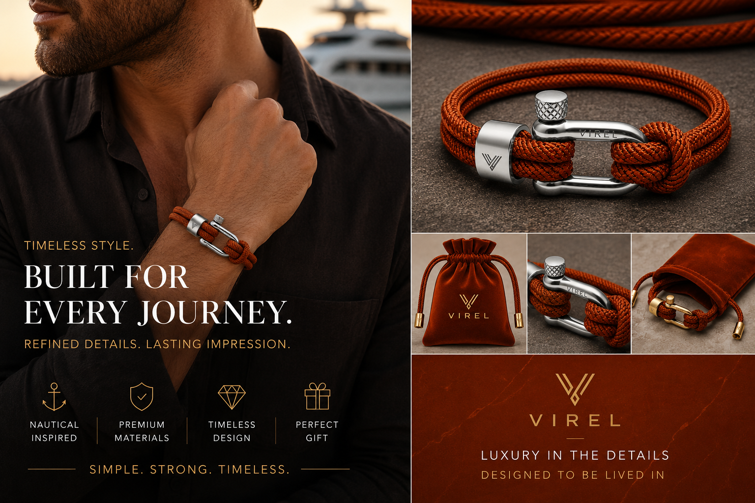 VIREL™ Burnt Orange Silver Rope Shackle Bracelet