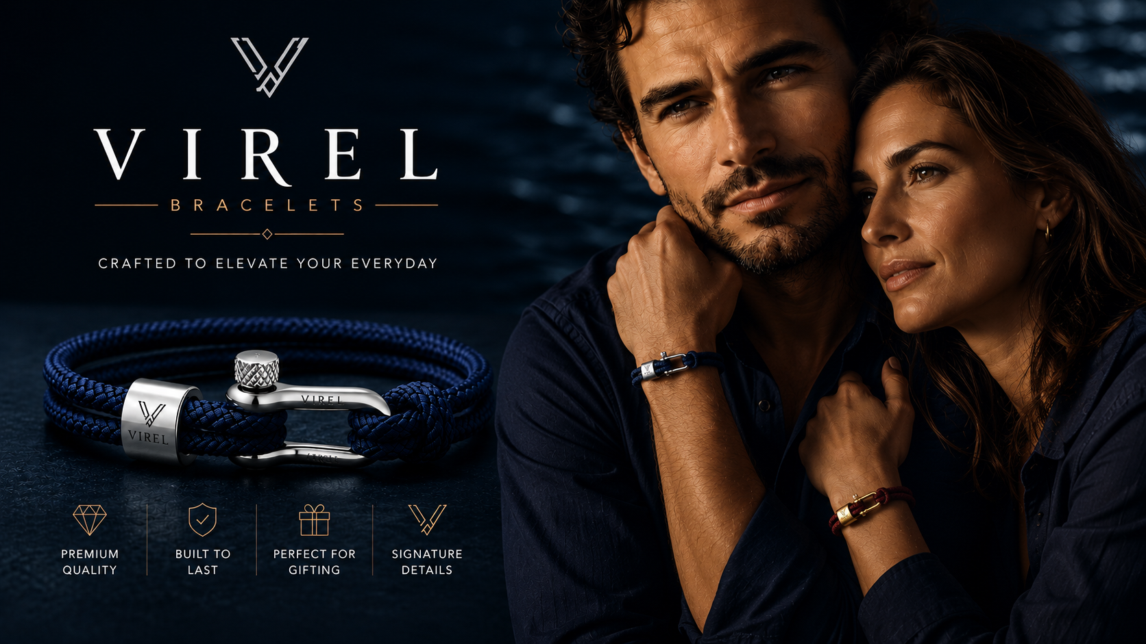 VIREL navy braided rope shackle bracelets with polished steel clasps, worn by a couple